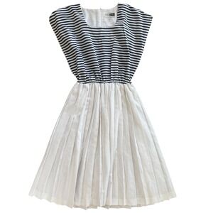 Petite Focus Nautical Sailor Dress Striped Pleated Midi Navy White 80s Vintage